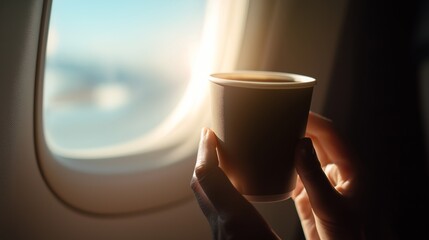 Hands holding coffee cup near airplane window with morning light. Travel, journey, sunrise, beverage, relaxation, flight, vacation, peaceful moment.