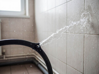 Burst washing machine hose spraying water in laundry room plumbing emergency repair maintenance house damage accident flood insurance claim professional plumber background