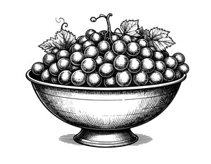 Vintage Grape Bowl Illustration - Detailed Engraving of Fresh Fruit.