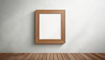 Empty photo frame hanging on a blank white wall. Empty space