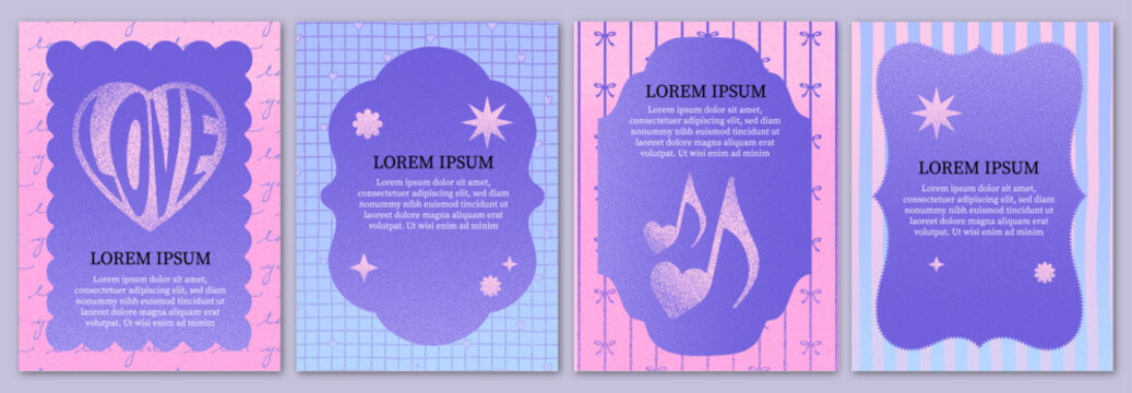 Y2K Retro Valentine&rsquo;s Day Greeting Card Templates with Soft Grain Noise Texture, Pastel Purple Tones, Love Typography, and Rounded Frames