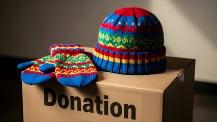 Colorful knitted hat and mittens on donation box indoors  