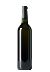 Tall, slender, deep emerald green Bordeaux wine bottle with a dark charcoal capsule, unlabeled, perfectly centered on a clean high-key white background, commercial product concept