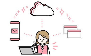 クラウドのサービスと女性スタッフとスマホのイラスト データ管理の業務効率化