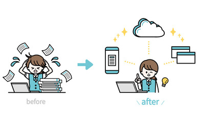 業務を問題解決する女性スタッフ ビフォーアフターのシンプルなフラットデザインイラスト