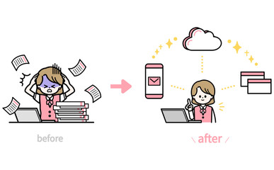 業務の効率化で問題解決する女性スタッフ シンプルなフラットデザインのイラスト