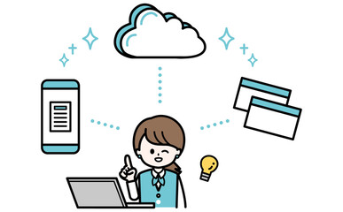 クラウドのサービスと女性スタッフとスマホのイラスト データ管理の業務効率化