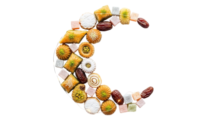 Ramadan assorted date sweets forming lunar crescent against white