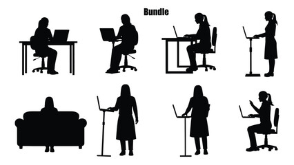 Obraz premium Silhouettes of people working on laptops in various office and home settings