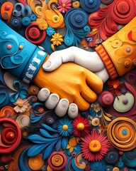 Colorful hands shaking in a vibrant design.