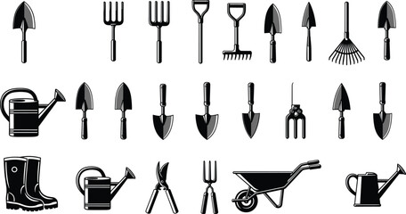 gardening tools shovel rake fork wateringcan wheelbarrow pruners boots agriculture farming vector silhouette icon set © Maisa