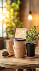 Eco-friendly coffee packaging and plant arrangement.