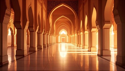 Grand Hallway with Symmetrical Arches, Golden Sunlight, and Polished Reflections in Ornate Architectural Design