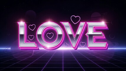 Neon love sign with hearts on purple grid background