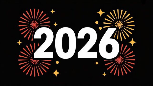 Vibrant 2026 New Year Celebration Design with Fireworks and Stars on Black Background Perfect for Holiday Greetings and Festive Promotions