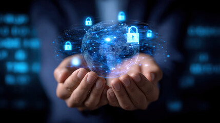 Secure global data protection concept with hands holding glowing digital globe and padlock icons