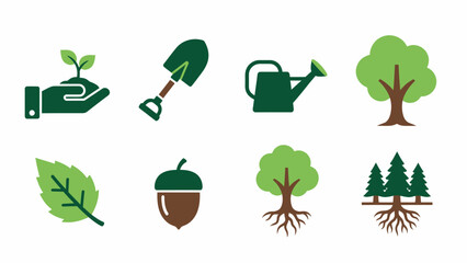 Eight flat icons related to gardening and trees arranged in two rows of four on a white background © Agung