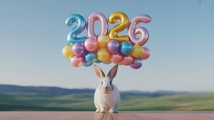 New Year 2026 Celebration with White Bunny and Colorful Balloons on a Scenic Hilltop Background Ideal for Greeting Cards and Party Invitations