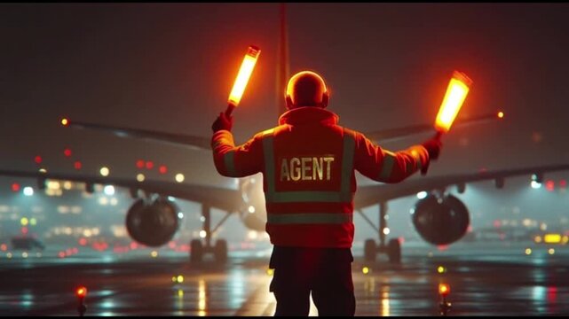Airport ground crew guides airplane night wet runway with illuminated wands and batons, reflective surfaces, vibrant city lights, air transport safety, teamwork, and guidance illuminated environment