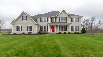 A luxury residential estate featuring a new brick house with a modern roof and garden windows sits on a lush green grass lawn under a clear sky in a suburban neighborhood