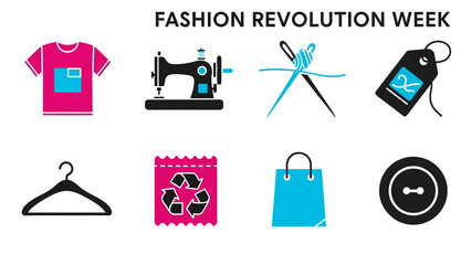 Graphic icons for Fashion Revolution Week featuring clothing sewing and recycling symbols