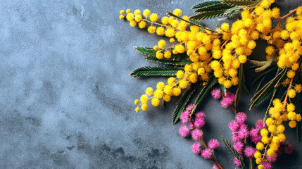 Mimosa Flowers on Blue Background with Copy Space