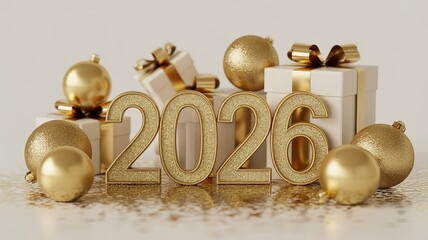 Elegant Gold 2026 New Year Celebration Composition with Gift Boxes and Ornaments on White Marble Surface