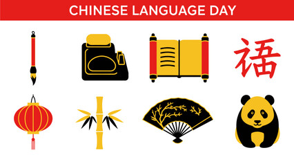 Red banner reading CHINESE LANGUAGE DAY above eight icons related to Chinese culture © Agung