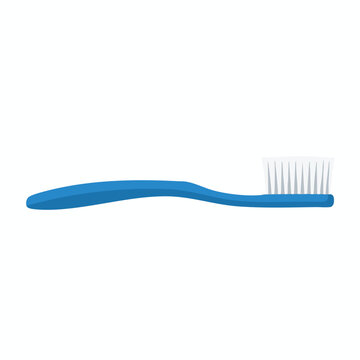 A blue toothbrush with white bristles, shown from the side against a white background