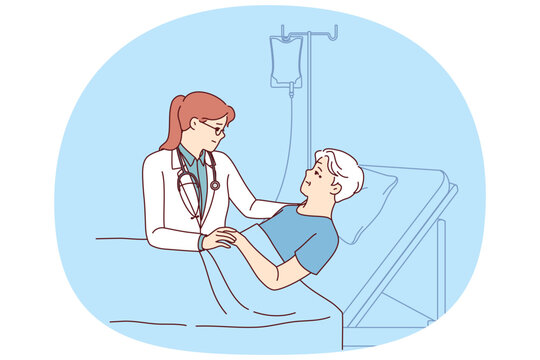 Woman hospice doctor supports dying old man lying in intensive care after unsuccessful support. Girl therapist works in hospice, serving human patient connected to drip with painkillers.