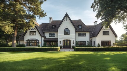 An old English country house and historic stone church stand as a grand rural estate amidst a lush green lawn and summer garden under a clear blue sky