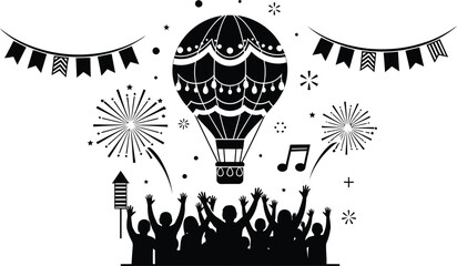 Hot air balloon festival celebration with fireworks and crowd