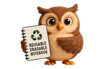 Cute owl holding a reusable and erasable notebook with recycling symbol isolated on transparent background