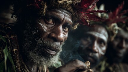 Elderly man with traditional attire and tribal decorations, holding a smoking object, surrounded by fellow tribesmen, showcasing cultural heritage and ancestral practices