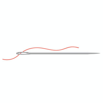 A needle threaded with red yarn, horizontal on white, in a minimalist depiction