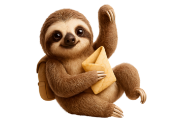 Cute sloth holding a letter and wearing a backpack isolated on transparent background