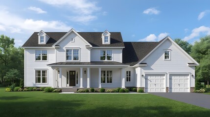 A new residential brick home with modern architecture stands on a grassy hill under a blue sky, featuring a suburban exterior and property lawn