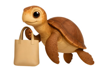 Cute cartoon turtle carrying a beige handbag isolated on transparent background