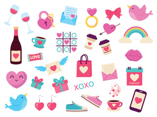 Set of simple elements for Valentine's Day. Vector illustration in flat style
