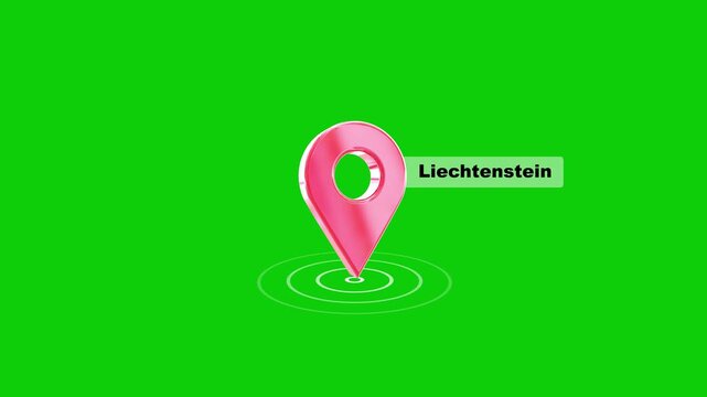 Liechtenstein 3D location pin map marker animation on transparent background. It is ideal for navigation videos, GPS tracking, maps, location services, travel projects and motion graphics.