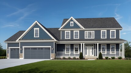 A luxury new residential estate with brick architecture and a blue sky stands as a modern family home for sale on a green grass hill featuring large windows and a prominent roof