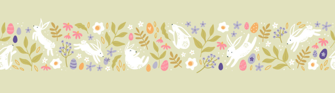 Cute hand drawn Easter horizontal seamless pattern with bunnies, flowers, easter eggs, beautiful background, great for Easter Cards, banner, textiles, wallpapers - vector design