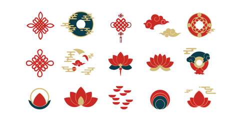 Chinese new year decorative elements set with lotus flowers clouds and mystic knots
