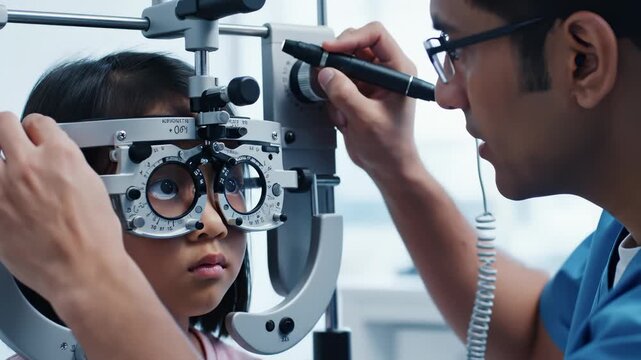 Optometrist Examining Young Girl's Eyes With Optical Refractor