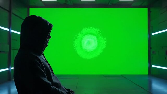 Anonymous person in hoodie watching green screen in dark futuristic room, technology concept