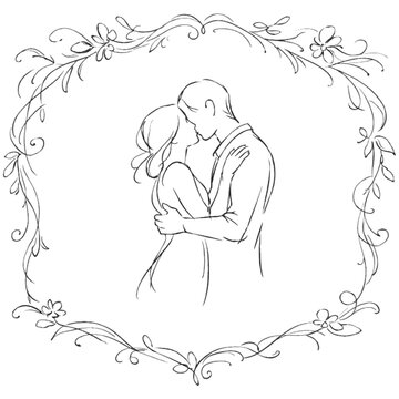 Eternal Embrace: A tender moment of closeness captured in an elegant line drawing, framed by delicate floral details, embodying the timeless essence of romance.