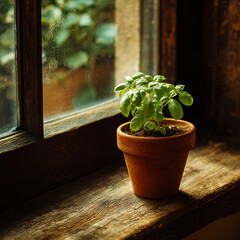 Fresh Basil Herb Plant Growing in Terracotta Pot on Rustic Wooden Windowsill with Warm Natural Light, Kitchen Garden Photography