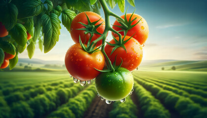 Ripe tomatoes on the vine in a lush field