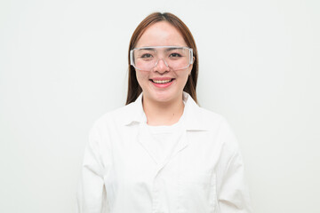 Portrait of Asian female research scientist against white background looking at camera smiling