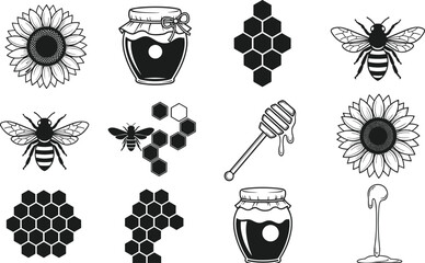 honey bee sunflower beekeeping nectar apiary hexagon honeycomb jar dipper natural organic vector illustration set © Maisa